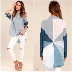 Free People Rainbow Rays Patchwork Pastel sheer Button Up Shirt Blouse cotton L